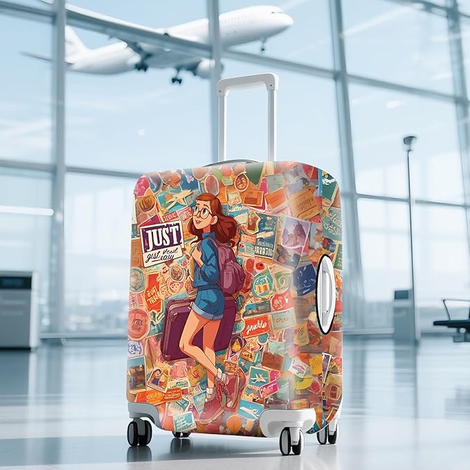 ANNA QUEEN Vintage Travel Stickers Gir Luggage Cover -Stretchable Airplane Suitcase Protector Sleeve,Universal Washable Fit for 20-26 Inch Checked Baggage,Water Resistant Durable Luggage Protector