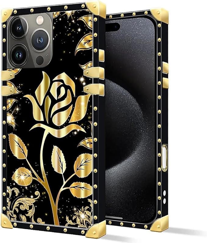 Compatible with iPhone 16 Pro Max Case, Shine Gold Rose Luxury Golden Decoration for Girl Women Soft TPU Shockproof Protective Hard PC Back for iPhone 16 Pro Max