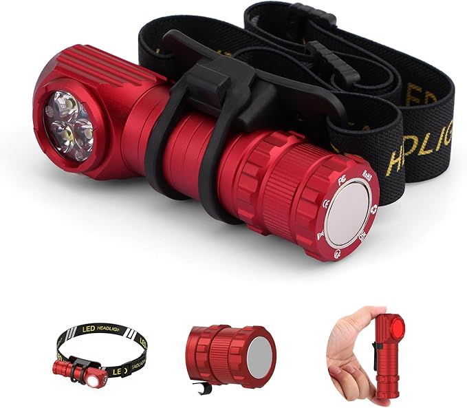 2 in 1 Detachable Flashlight & Headband, LED Rechargeable Headlamp for Adults - Hard Hat Light Running Head Lamp with Red Light, Magnet, 180° Tilt, 7 Modes, Outdoor, Emergency 1PC, Red