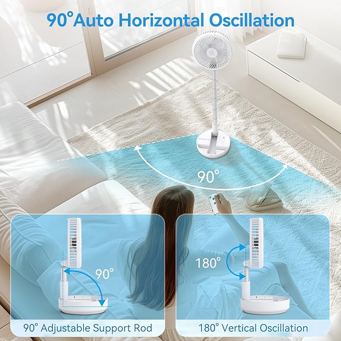 Portable Oscillating Rechargeable Fan, Battery Operated with 4 Speed Settings & Remote Control, Desk Travel Pedestal Fan for Sleeping, Camping, Cruise, RV - White 8" USB C