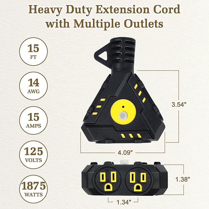 15FT 14 Gauge Outdoor Extension Cord 6-Outlet 14/3 SJTW Heavy Duty Extension Cord with Multiple Outlets Waterproof 3 Prong for Garage Workshop 15A 125V 1875W ETL Listed