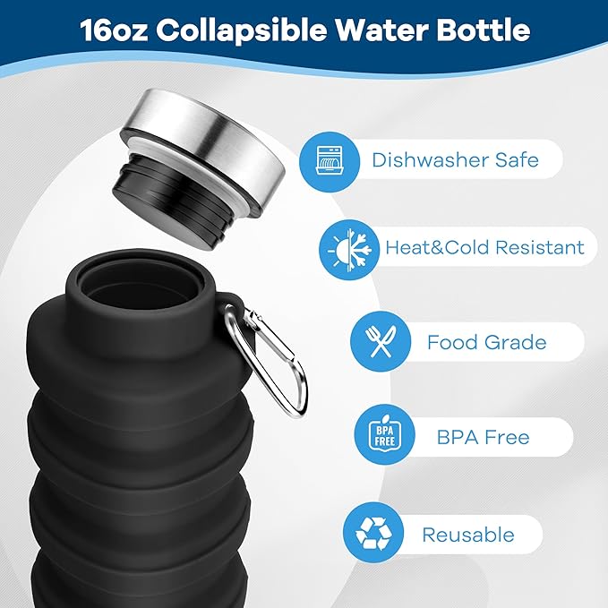 Collapsible Water Bottles 17oz, Portable Leak-Proof Travel Water Bottle, Reusable BPA Free Silicone Foldable Water Bottle with Carabiner for Gym, Traveling, Camping, Hiking, Sports-Purple
