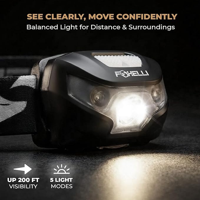 Foxelli USB-C Rechargeable LED Headlamp – Super Bright, Lightweight Head Lamp for Running, Camping, Hiking & Work – Comfortable Fit for Adults & Kids