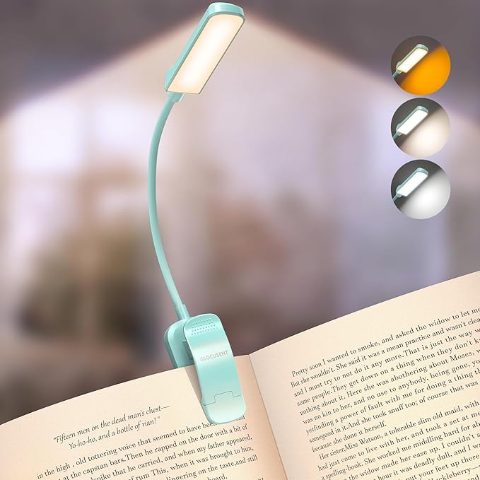 Glocusent 13 LEDs Book Lights for Reading at Night, 120 Hrs Runtime Rechargeable Reading Light, Eye Caring 3 Colors & 5 Stepless Dimming Brightness 3–60LM, Flexible Clip on Light for Book Lovers Kids