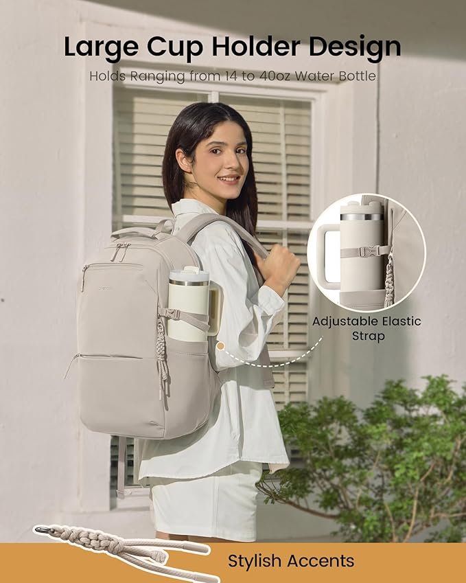 LOVEVOOK Laptop Backpack for Women with Giant Tumbler Holder - 15.6Inch Work Computer Travel Backpack with Laptop Compartment, Water Resistant, Cute Commuter College Teacher Nurse Purse Bag, Khaki
