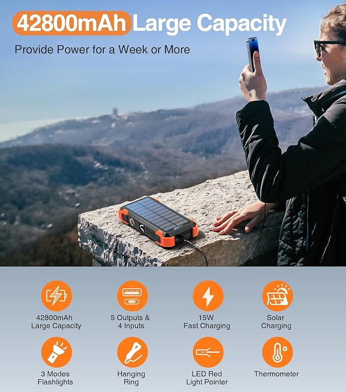 Sudrov Solar Charger Power Bank, 42800mAh Wireless Portable Charger with USB-C in/Output, QC3.0 Fast Charging 15W 4 Ports Outdoor Battery Pack Built-in LED Flashlight, for iPhone, Galaxy, iPad etc