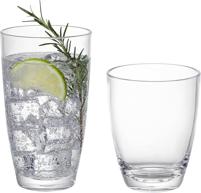 KLIFA- ETON- 15.2 & 20.8 ounce, Set of 8, Acrylic Tumbler & Highball Drinking Glasses Set, BPA-Free, Stackable Plastic Drinkware, Dishwasher Safe Cups, Clear