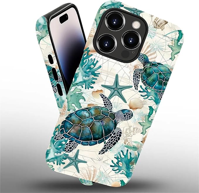 for iPhone 14 Pro Max Case,HH2 Ocean Sea Turtle Nautical Map Hybrid 2 Layer Hard Shell Silicone Protective Pattern Design Case