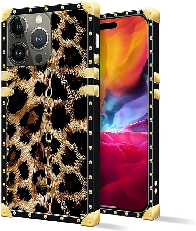 Compatible with iPhone 15 Pro Max Case, Seamless Gold Chain Leopard Luxury Golden Decoration for Girl Women Soft TPU Shockproof Protective Hard PC Back for iPhone 15 Pro Max