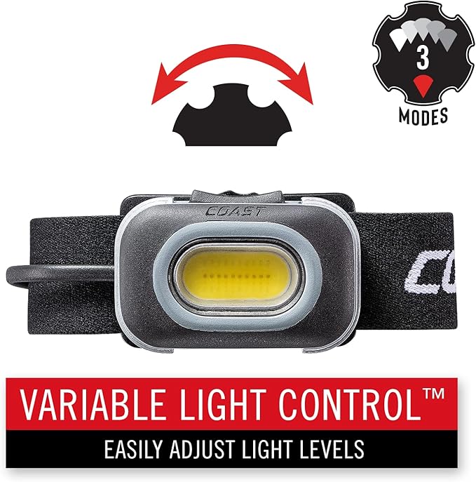 Coast RL10 560 Lumen Dual Color LED Headlamp with Flood and Spot Beams, Variable Light Control, C.O.B., Alkaline Dual Power, Non-Slip Band, 3 x AAA Included