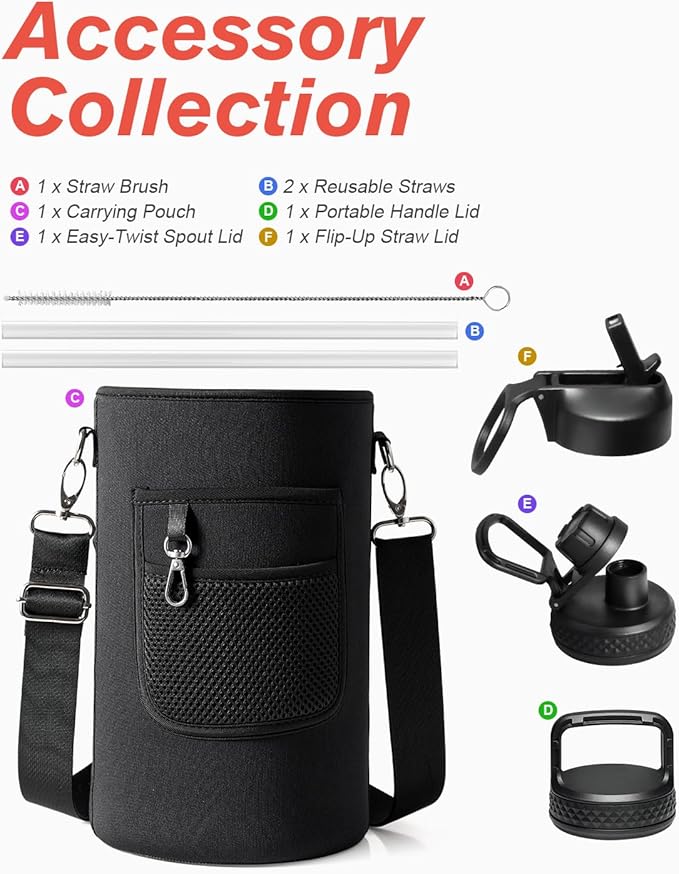 Coolflask 128 oz Gallon Water Bottle Insulated with Straw&3 Lids, Water Jug Large Stainless Steel Metal Vacuum Wide Mouth for Sports, Gym or Office, Non-BPA Keep Cold 48H Hot 24H, White & Black