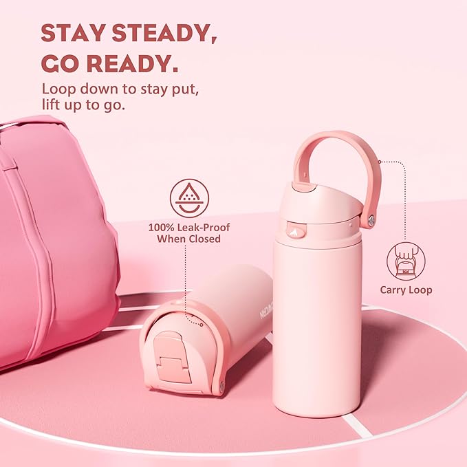POWCAN 18 oz Insulated Water Bottle: 2-in-1 Push-Button Spout & Quick-Flip Straw, Leakproof, Cold 24Hrs, Fits Car Cup Holder, Stainless Steel Water Bottle for Sports, Travel, School (Cotton Candy)