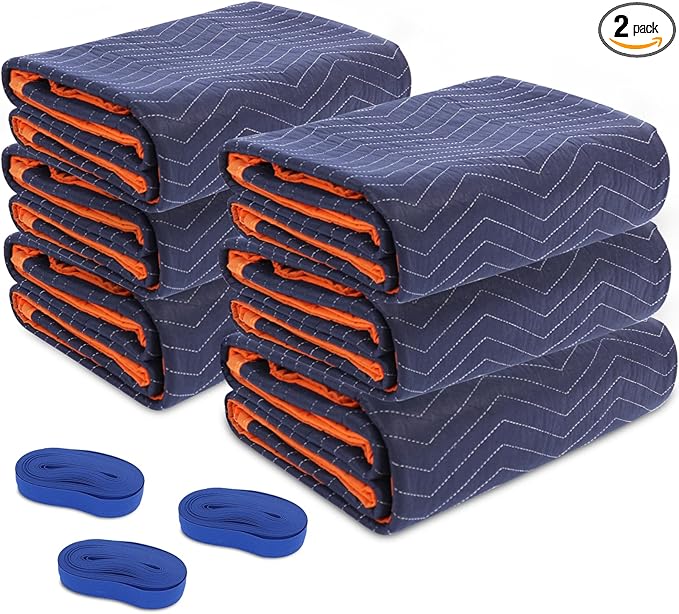 6 Moving Blankets 72x40in with 3 Elastic Rubber Band (196in Extendable to 400in) – Durable Quilted Moving Blanket-Heavy Duty Shipping Blankets (Total Weight 13.2 lbs,Black/Blue)