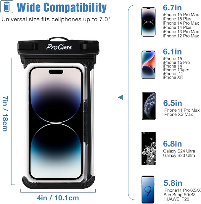 ProCase 2 Pack Waterproof Phone Pouch, Underwater Phone Case Up to 7", Dry Bag for iPhone 17 Air 16 15 14 13 Pro Plus Max, Galaxy S24 S23 S22 Ultra Pixel, Beach Essentials -Blue & Black
