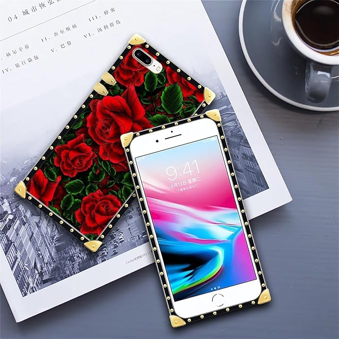 Compatible with iPhone 8 Plus 7 Plus Case, Vector Red Rose Green Leaf Luxury Golden Decoration for Girl Women Soft TPU Shockproof Protective Hard PC Back for iPhone 8 Plus 7 Plus