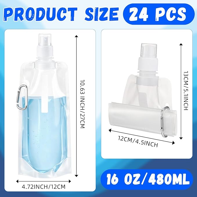 Teenyyou 24 Pack Collapsible Water Bottles Bulk 16oz Foldable Water Bottles with Carabiner Reusable Drinking Leak Proof Container Bags for Sport Biking Hiking Camping Travel Outdoor (Transparent)