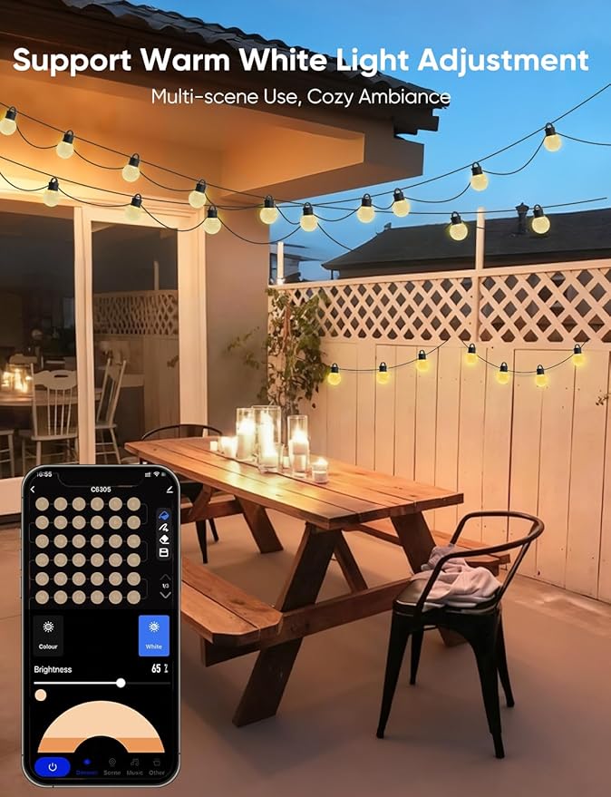 APPECK Outdoor String Lights 100ft, RGBW Color Changing Patio Lights with 50 Dimmable LED Bulbs, 111 Scene Modes, IP65 Waterproof Lighting for Outside, Party, Backyard, Pool, Compatible with Alexa