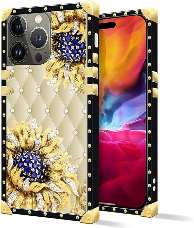 Compatible with iPhone 15 Pro Max Case, Sunflower Diamonds Leather Luxury Golden Decoration for Girl Women Soft TPU Shockproof Protective Hard PC Back for iPhone 15 Pro Max