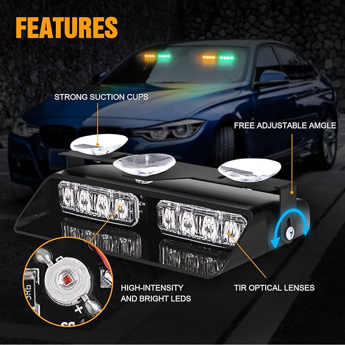 XRIDONSEN 2 in 1 Dash Emergency Strobe Lights Front/Rear Amber Green Windshield Lights Warning Safety Flashing w/Suction Cups for Volunteer Vehicles, Trucks（Amber/Green