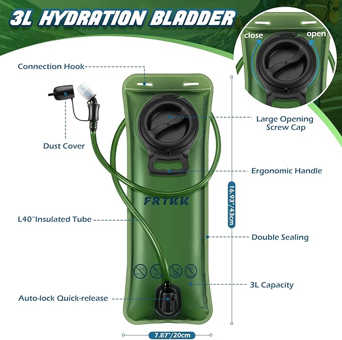FRTKK 2L/3L Hydration Bladder, Leak Proof Water Bladder for Hydration Pack, BPA Free Wide Opening Ergonomic Shape Water Reservoir for Running Hiking Cycling Camping