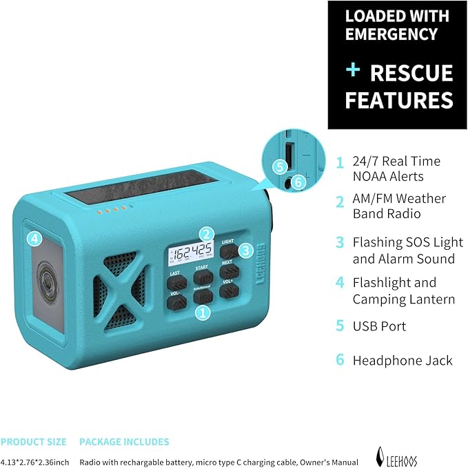 【2025 Newest】 Emergency Crank Weather Radio, NOAA/AM/FM Portable Solar Radio, USB Charged, Battery Powered, Hand Crank, SOS Alarm, Flashlight (Sky Blue)