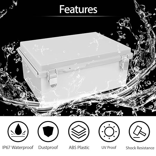 LeMotech Electrical Box, IP67 Waterproof Hinged Cover Stainless Steel Latch Junction Box, ABS Plastic Electrical Enclosure with Mounting Plate,Wall Brackets, Cable Glands, 13.8"x9.8"x5.9", Grey