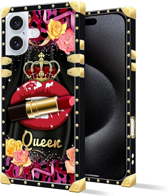 Compatible with iPhone 16 Plus Case, Queen Lip Crown Leopard Print Luxury Golden Decoration for Girl Women Soft TPU Shockproof Protective Hard PC Back for iPhone 16 Plus