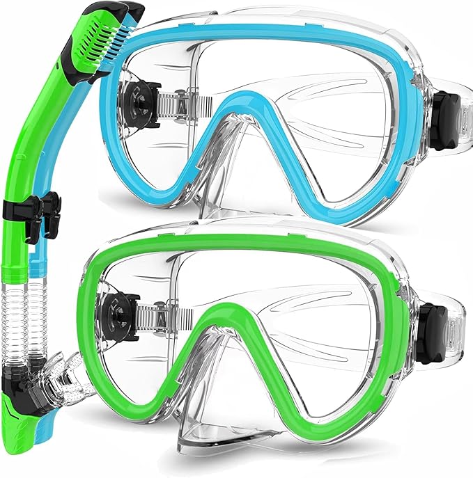 Bairuifu 2-Pack Snorkel Gear for Adults | Enhanced Anti-Fog & Anti-Leak Snorkeling Mask | Breath-Free Dry Snorkel | 180° Panoramic View with Quick-Dry Bags