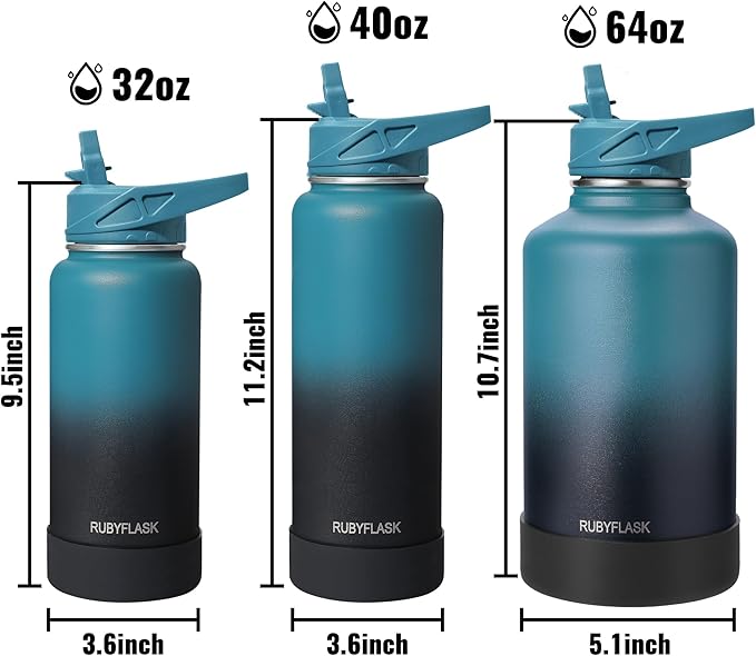 RUBYFLASK 64oz Insulated Water Bottle with Straw, Half Gallon Stainless Steel Vacuum Water Jug, Large Thermal Water Bottle Flask with Leakproof 3 Lids for Travel, Camping, Gym Sports Dark Rainbow