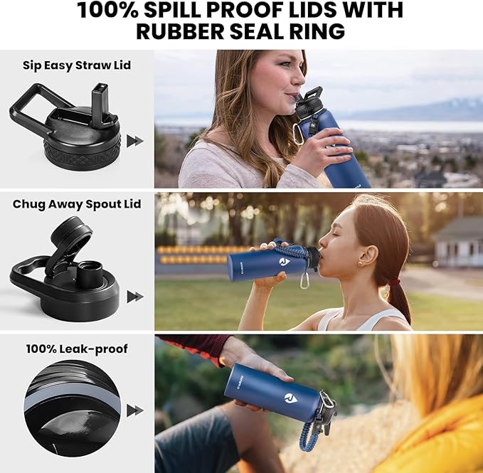 RAYMYLO Insulated Water Bottle 40 oz, Triple Wall Vacuum Stainless Steel (Cold for 36Hrs, Hot for 18Hrs), Leak Proof & Non-BPA, Modern Water Flask Jug with Paracord Handle & Straw Spout Lids