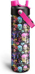 ENCOOL Insulated Water Bottle with Straw Stainless Steel Water Bottle, Leak-Proof, BPA-Free, Double Wall Vacuum Keeps Cold for 24 Hours for Sports, Travel, School (26 oz, Trippy Skulls)