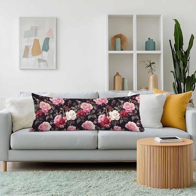 Outdoor Pillows Body Pillow Cover Rose Lumbar Body Pillow Case Protector Blossom Roses Body Cushion Covers Bed Body Pillowcases for Bedroom Couch Sofa 20"X54", Red Black