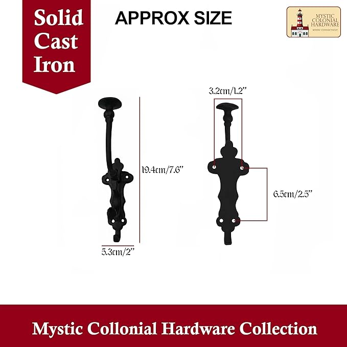 Mystic Colonial Rustic Cast Iron Wall Hooks – Heavy Duty Vintage Utility Hooks for Hanging Coats, Towels, Bags, Robes, Hats & More – Large Decorative Wall Mount Hanger, Pack of 2, Black