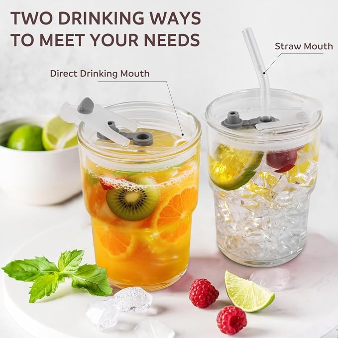 2PCS Glass Cups With Lids And Straws, Iced Coffee Cup,15Oz/450ml Iced Coffee Glasses Tumbler, Thick Wall Glass Mug For Tea Water, Matcha Cup Chirstmas Gifts (Clear, 2PCS)