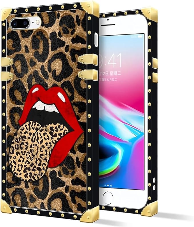 Compatible with iPhone 8 7 SE Case, Brown Leopard Print Mouth Luxury Golden Decoration for Girl Women Soft TPU Shockproof Protective Hard PC Back for iPhone 8 7 SE