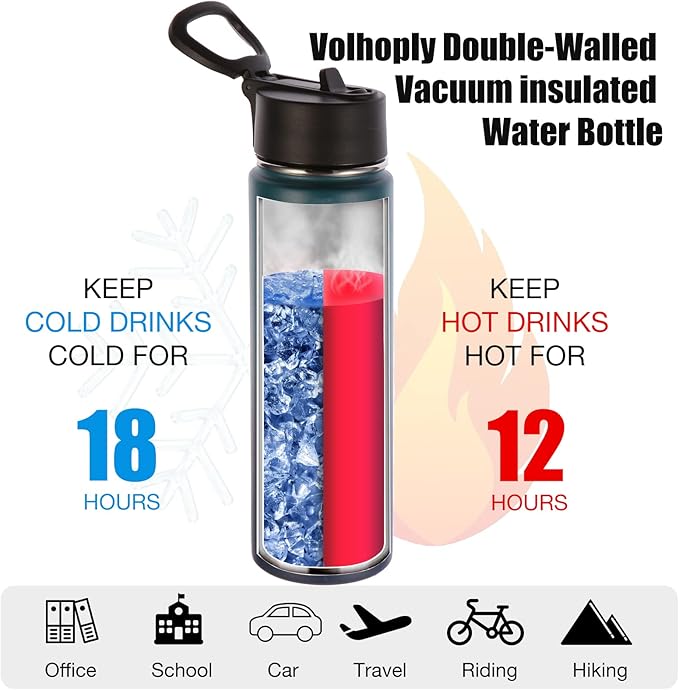 Volhoply 24oz Insulated Water Bottle With Straw Bulk 6 Pack,Metal Wide Mouth Water Bottles With Handle Keep Cold,Reusable Double Wall Cups,Powder Coated Sport Bottle For Holder(Dark Night,6 Count)