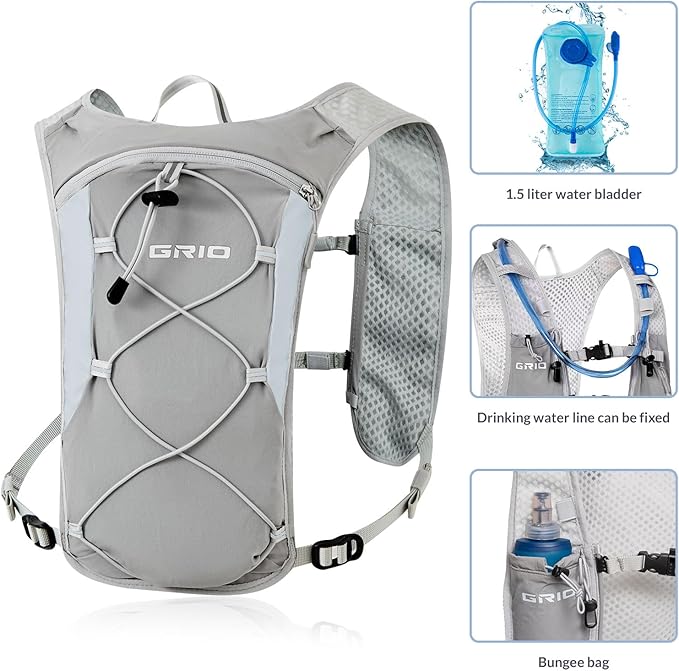 GRIO Hydration Running Vest for Women Men, Water Backpack for Hiking ,with 1.5L Water Bladder, Lightweight Breathable Reflective Hydration Pack for Marathon, Trail, Hiking, Cycling