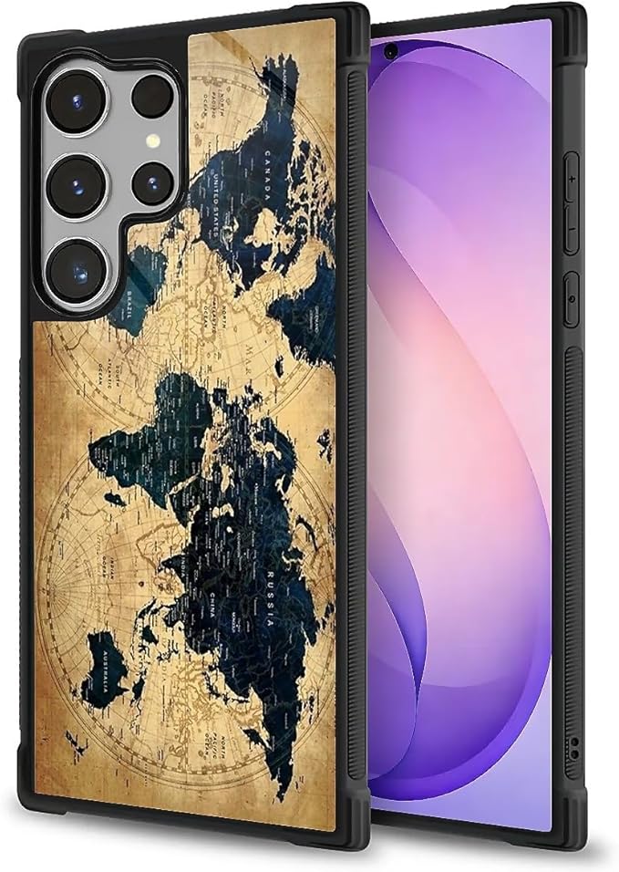 for Samsung Galaxy S26 Ultra Case,Graphic Design for Girl Boy Soft Silicone Hard Acrylic Shock Protection Designed for Samsung Galaxy S26 Ultra Brown World Map Pattern