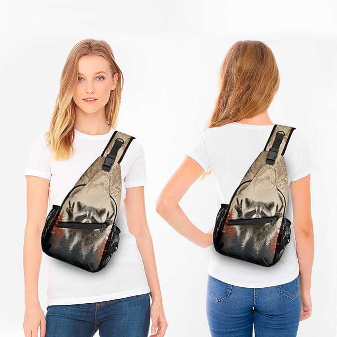 FyLybois Raccoon Sling Bag for Women Lightweight Crossbody Backpack Casual Daypack with Adjustable Strap for Travel Work Hiking Everyday Use