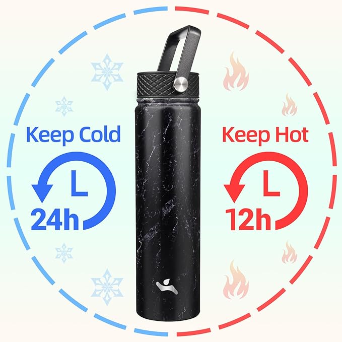 Konokyo Insulated Water Bottle 24oz Stainless Steel Sport Bottles with 3 Lids,Marble Midnight