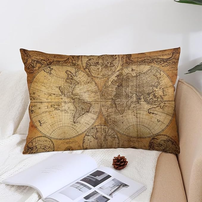 Vintage World Map Throw Pillow Covers Set of 2 Queen Size Old Paper Nostalgic Historical Pillow Cushion Cases Retro Style Standard Pillow Cases Decorative Pillowcase 20X30 Inch for Sofa Bed