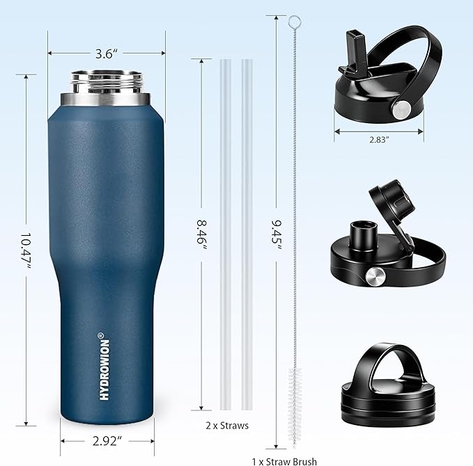 HYDROWION 32oz Stainless Steel Water Bottle(Cold for 48 Hrs, Hot for 24 Hrs), Double Wall Vacuum Insulated Water Flask with Straw Lid, Spout Lid and Flex Cap, Fit in Any Car Cup Holder, Cobalt
