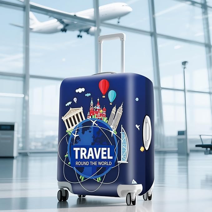 ANNA QUEEN Travel Globe Airplane Luggage Cover -Stretchable Airplane Suitcase Protector Sleeve,Universal Washable Fit for 20-26 Inch Checked Baggage,Water Resistant Durable Luggage Protector