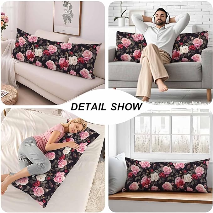 Outdoor Pillows Body Pillow Cover Rose Lumbar Body Pillow Case Protector Blossom Roses Body Cushion Covers Bed Body Pillowcases for Bedroom Couch Sofa 20"X54", Red Black