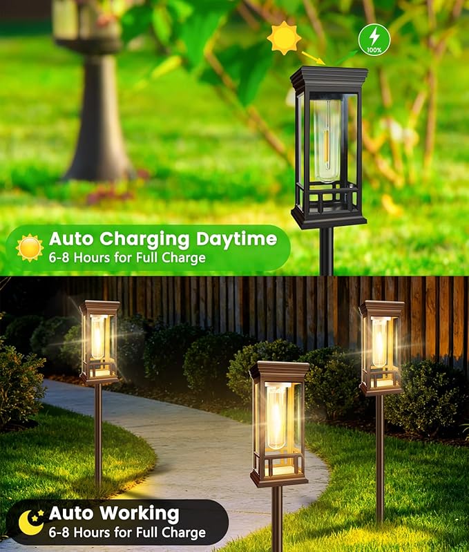 4 Pack Solar Pathway Lights Outdoor, Taller Bright Solar Path Lights Waterproof, Auto On/Off Solar Powered Garden Lights for Outside Landscape Path Yard Walkway Lawn Driveway Patio Lighting Decor