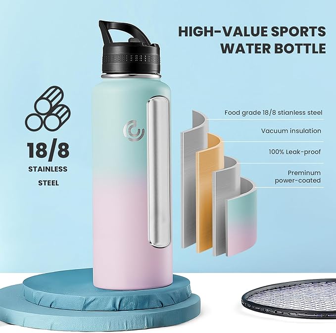 COKTIK 40oz Sports Water Bottle, Stainless Steel Water Bottle for Insulated, Reusable Travel Bottle, With Straw, With Handle Grip for Easy Carrying, Suitable for Cycling, Outdoor Vacations(Bubble Gum)