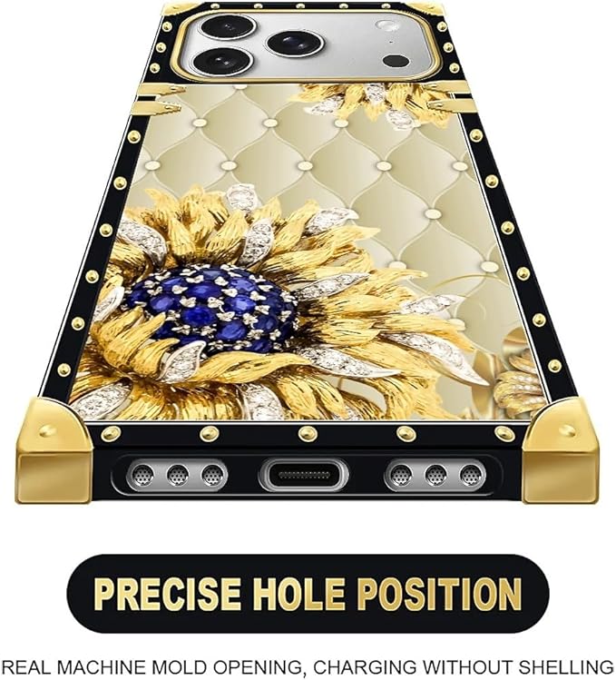 for iPhone 17 Pro Case Luxury Golden Decoration for Girl Women Soft TPU Shockproof Protective Hard PC Back for iPhone 17 Pro Crazy Pattern Sunflower Diamonds Leather