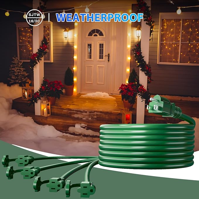 K KASONIC - 46FT Christmas Lights Outdoor Extension Cord with Mutil Outlets, ETL Listed Heavy Duty Electrical Cord with Protective Covers, Weatherproof Extension Cord for Outside, 16AWG/1625W, Green