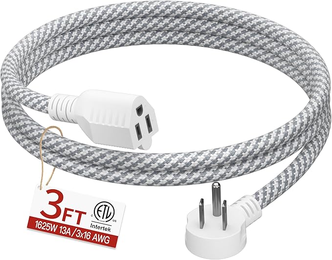 16/3 Flat Plug Braided Extension Cord 3 FT, Indoor 3 Prong Grounded Low Profile Extension Wire Flexible, Suitable for Home and Office, 13 Amp 1625 Watt 125VAC 16AWG, ETL Listed