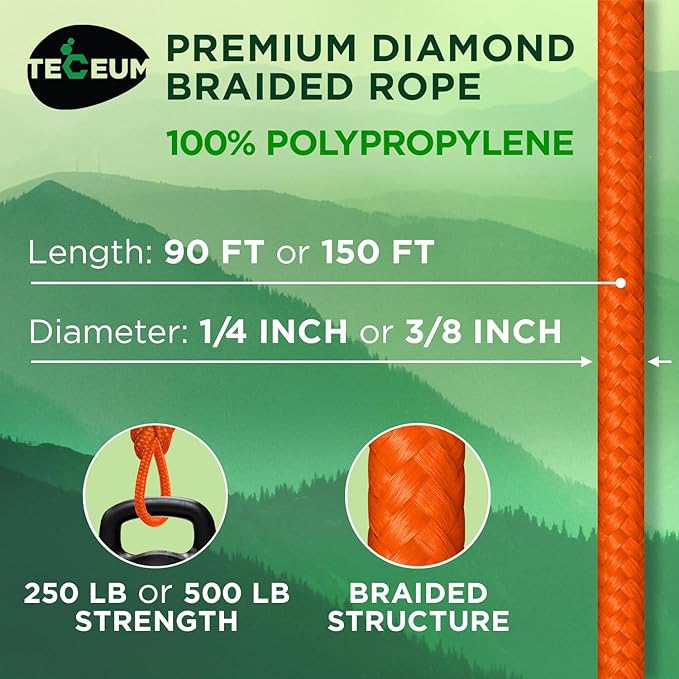 TECEUM Rope – 90 Feet x 3/8 Inch (10mm) – Orange – Strong All-Purpose Utility Rope – Camping, Crafting, Flag Pole, Indoor & Outdoor – Polypropylene Nylon Poly Lightweight Diamond Braided Cord